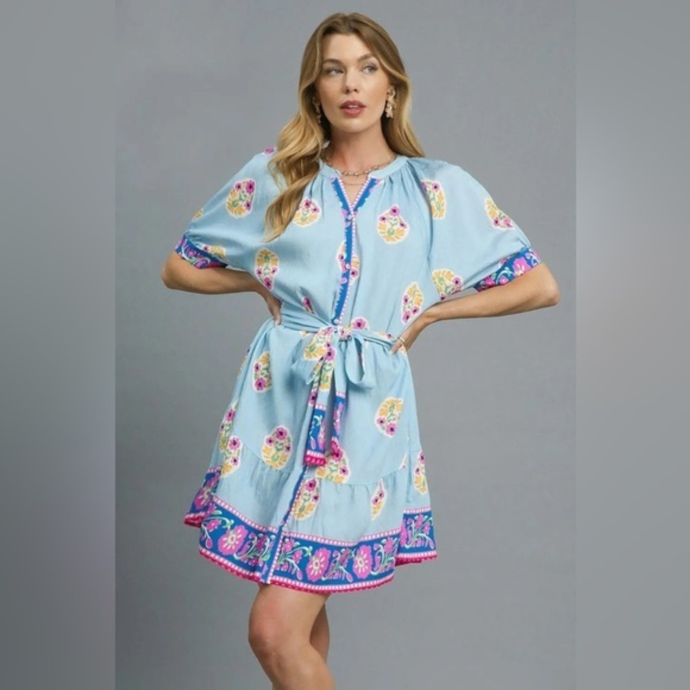 Umgee Floral Print Tie Waist Short Sleeve Dress